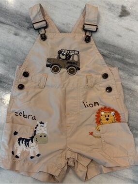Tan Y2K Kids Play Jungle Animal Embroidered Shortalls 12 Months